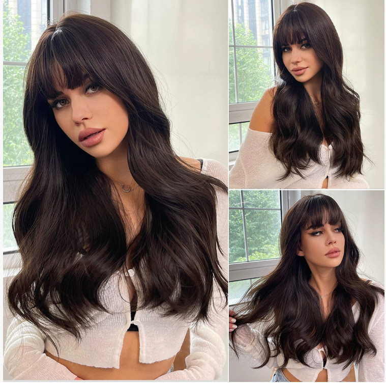 Long Wavy Natural Brown Color Synthetic Hair Wigs With Bangs Women Soft Party