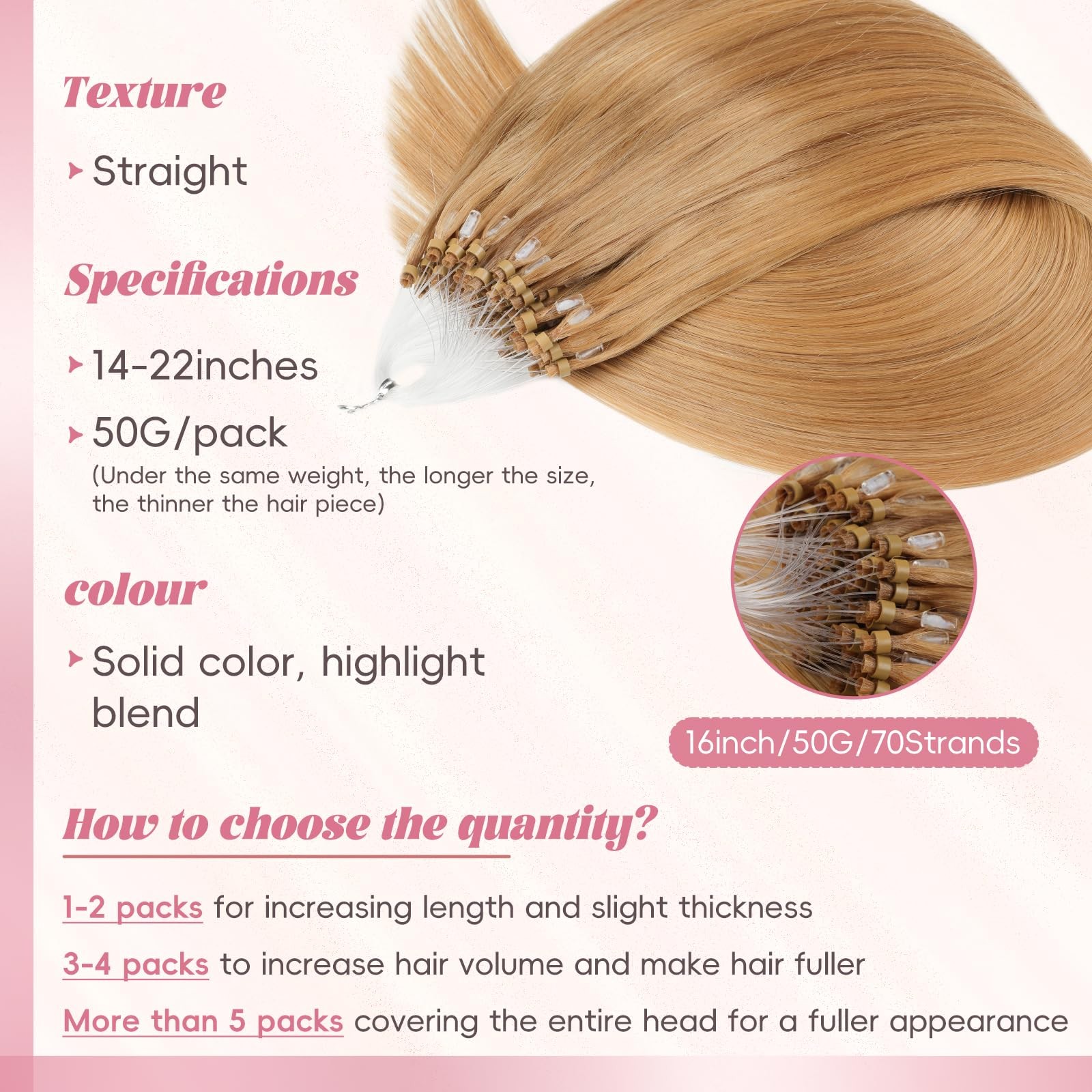 Eliysako Microlink Hair Extensions Human Hair 50G/Pack Natural Blonde 16Inch