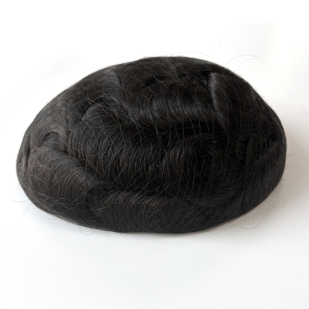 Durable Human Hair Hairpiece Hair Replacement Fine Mono Poly System Toupee #1B