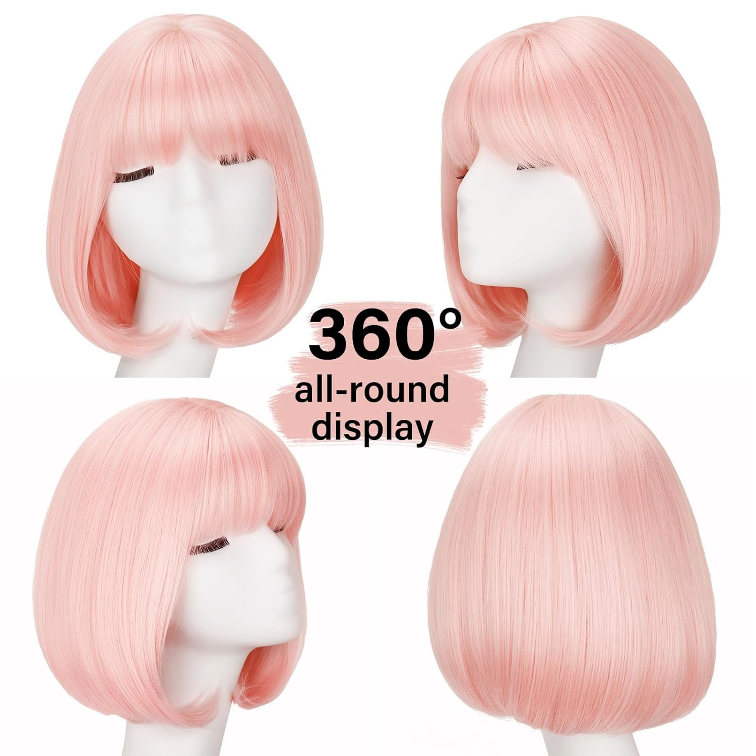Light Pink Bob Wigs with Bangs (Can Be Trimmed) Straight Short Wigs for Women Sy