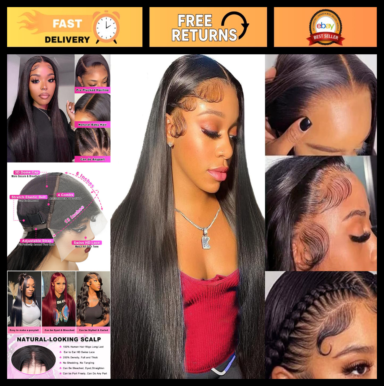 28″ 13×6 HD Lace Front Wig – Straight Human Hair, 200% Density, Baby Hair, Brazi