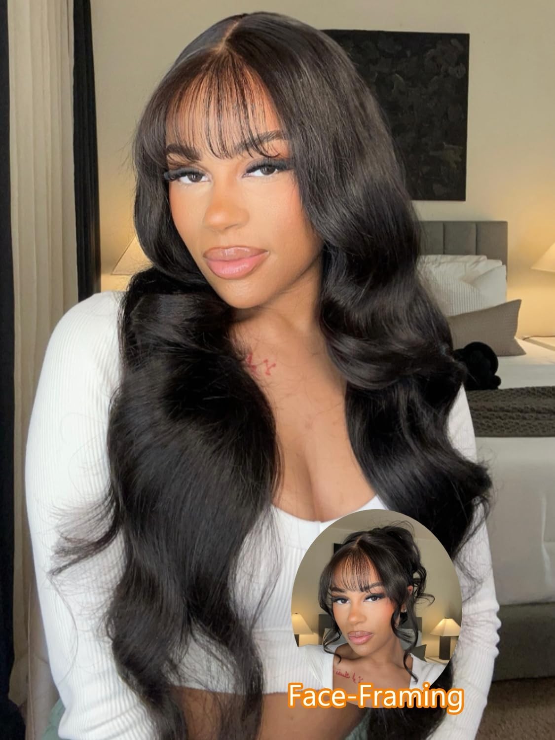 13×4 HD Glueless Lace Frontal Wig – 18″ Loose Wave with Curtain Bangs, Pre-Pluck