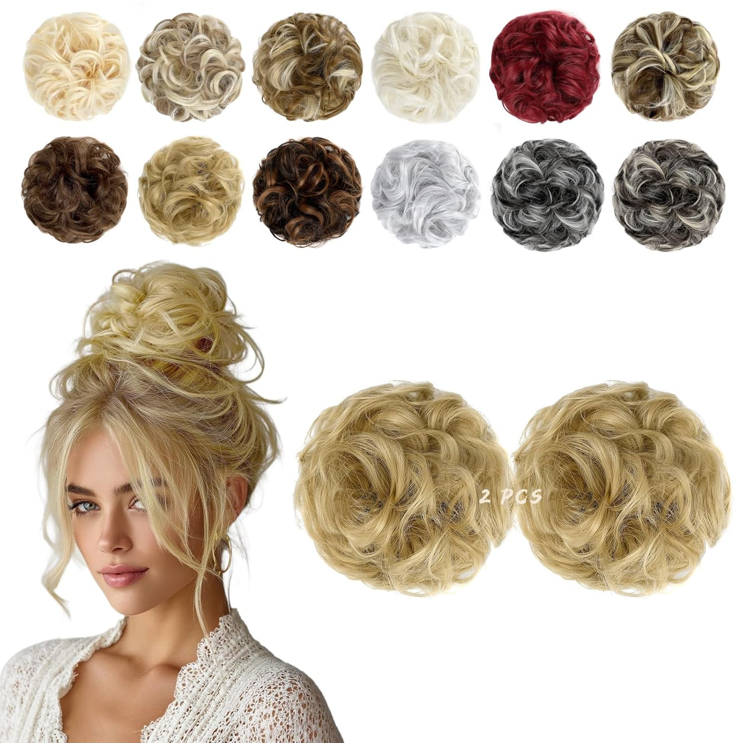2 PCS Messy Bun Hair Piece Wavy Curly Scrunchies Synthetic Chignon Ponytail Hair