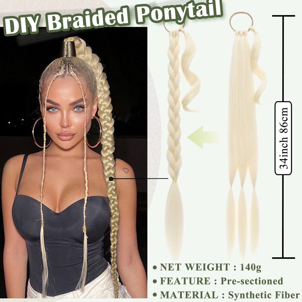 34″ Long Braided Ponytail Extensions Real As Human Hair Straight Hair Pony tail