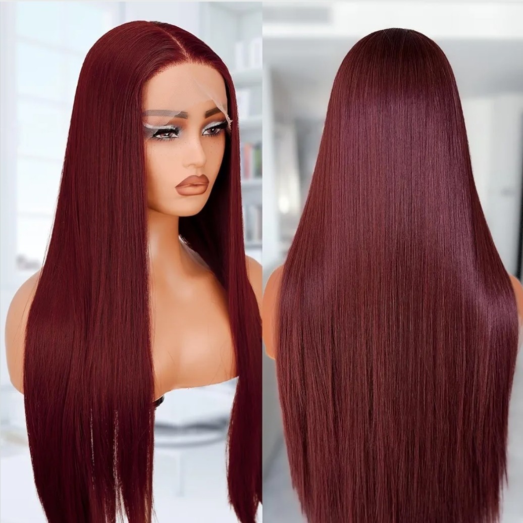 HD Lace Front Wig Human Hair Blend Highlights Burgundy Red 30 Inch