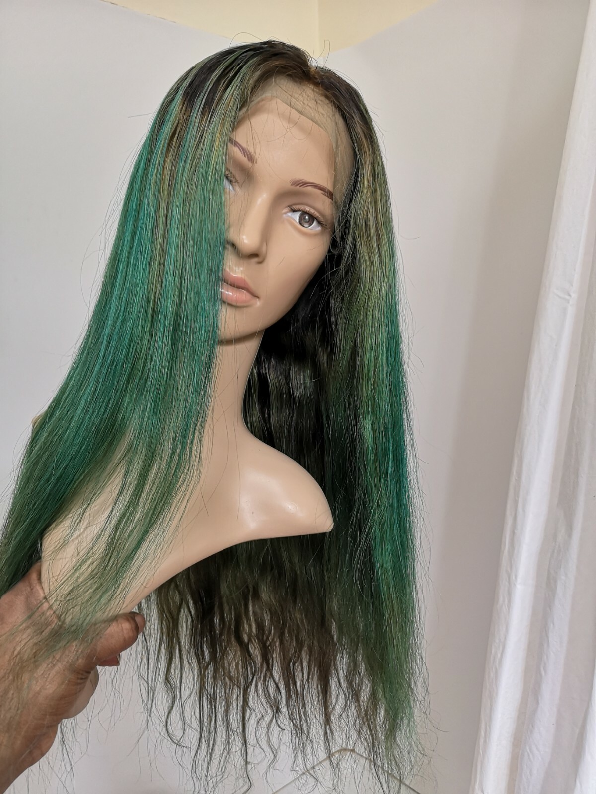 Custom High Quality 24” Soft Silk Green Brown Human Hair Front Lace Wig
