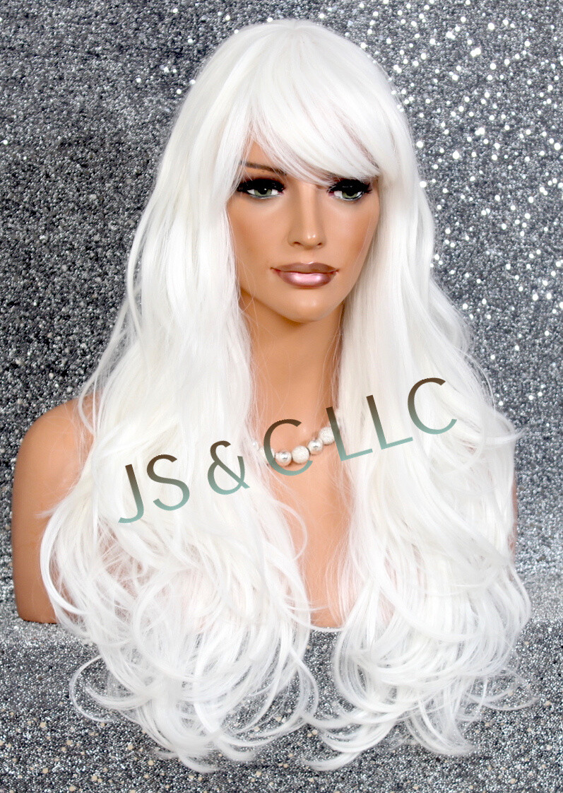 Human hair Blend Full Wig White LOng slightly Wavy Layers Bangs Heat OK WBKT