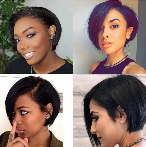 Brazilian Human Hair Pre Plucked Short Bob Side Part Natural Black No Lace Wigs