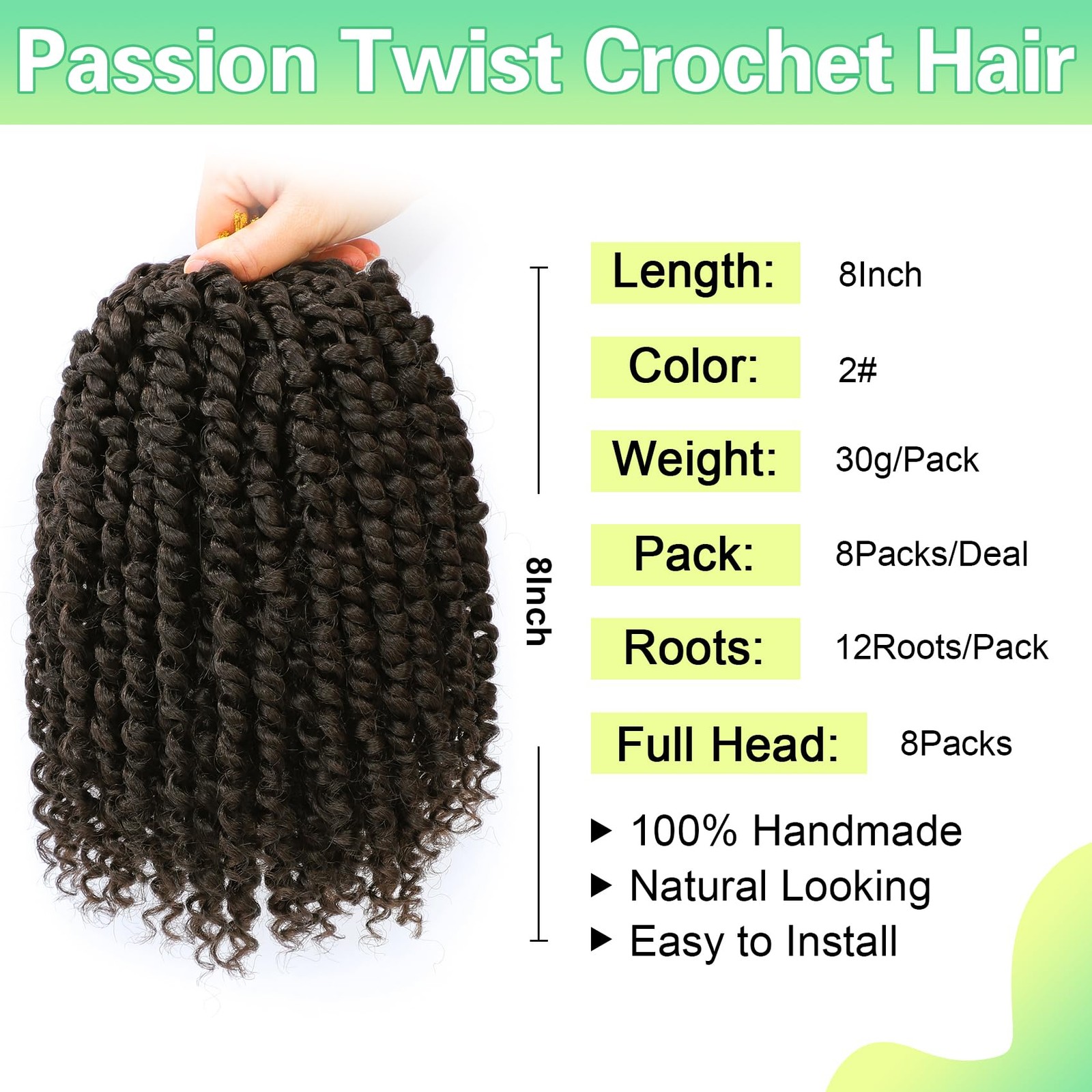 8-inch Pre-Twisted Passion Twist Crochet Hair – 8 Packs, Soft & Lightweight