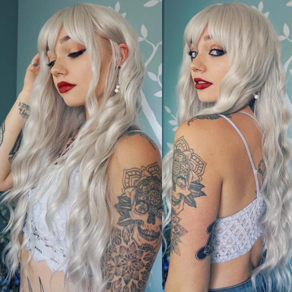 Platinum Blonde Wig with Bangs White Blonde Color Wig Wet and Wavy Long Loose…