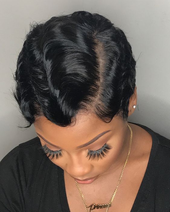 Short Finger Wave Wig Curly Black Sexy Wigs L Part Lace Front wigs for Party
