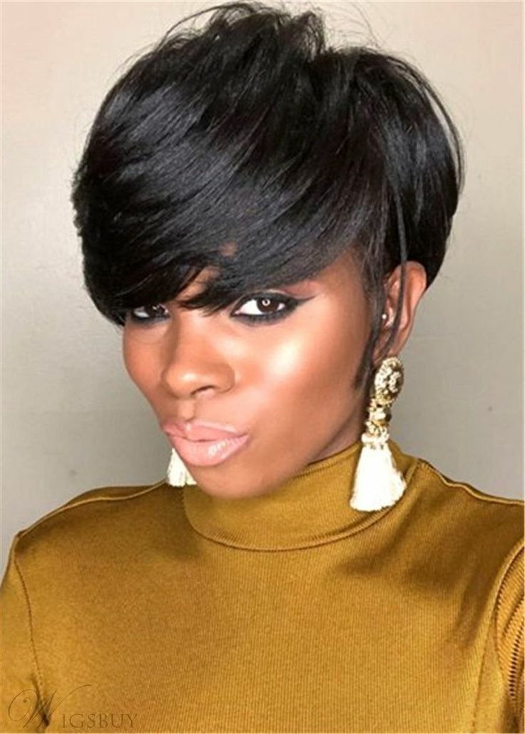 Short Pixie Cut Wig Black Layered Wavy Hair with Bangs Real Pixie Human Hair Wig