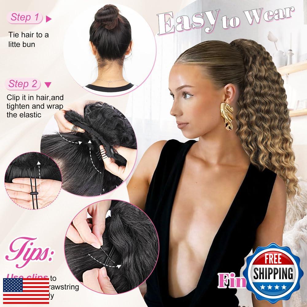 ALXNAN Wavy Curly Ponytail Extension, 18″ Ombre Brown to Blonde Drawstring Po