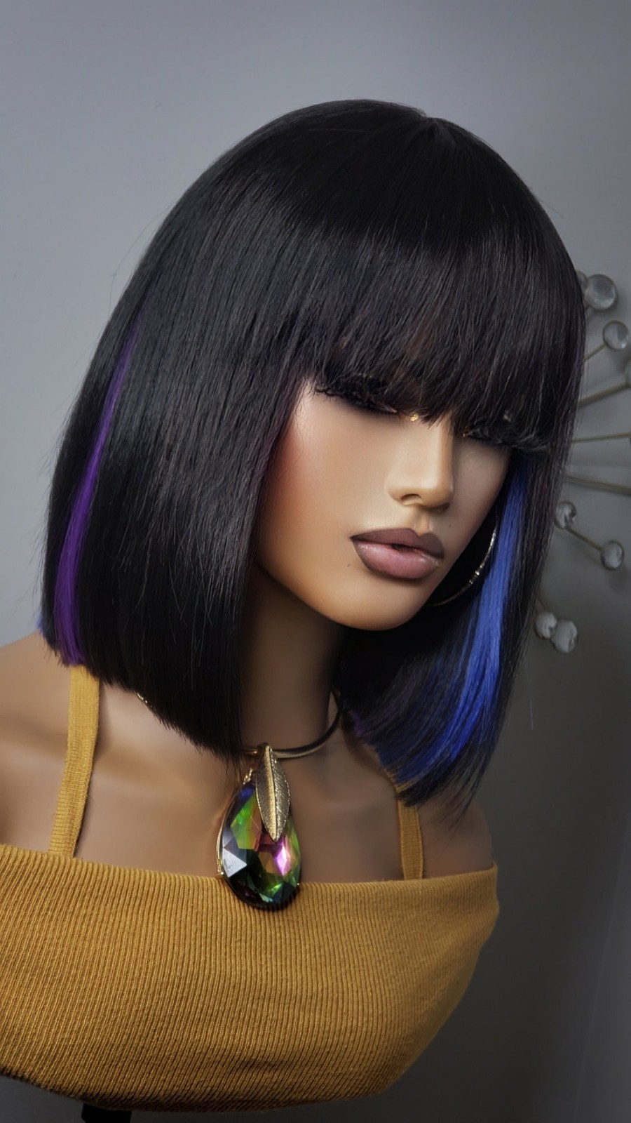 New Short Human Hair Blend Straight Bob Wrap Full Cap Wig Black Blue Purple Wig