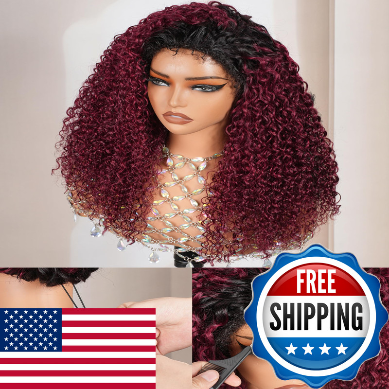 Shangyinfa T1B/99J Water Wave Half Wig Human Hair Seamless 4C Edges Blend Tiny