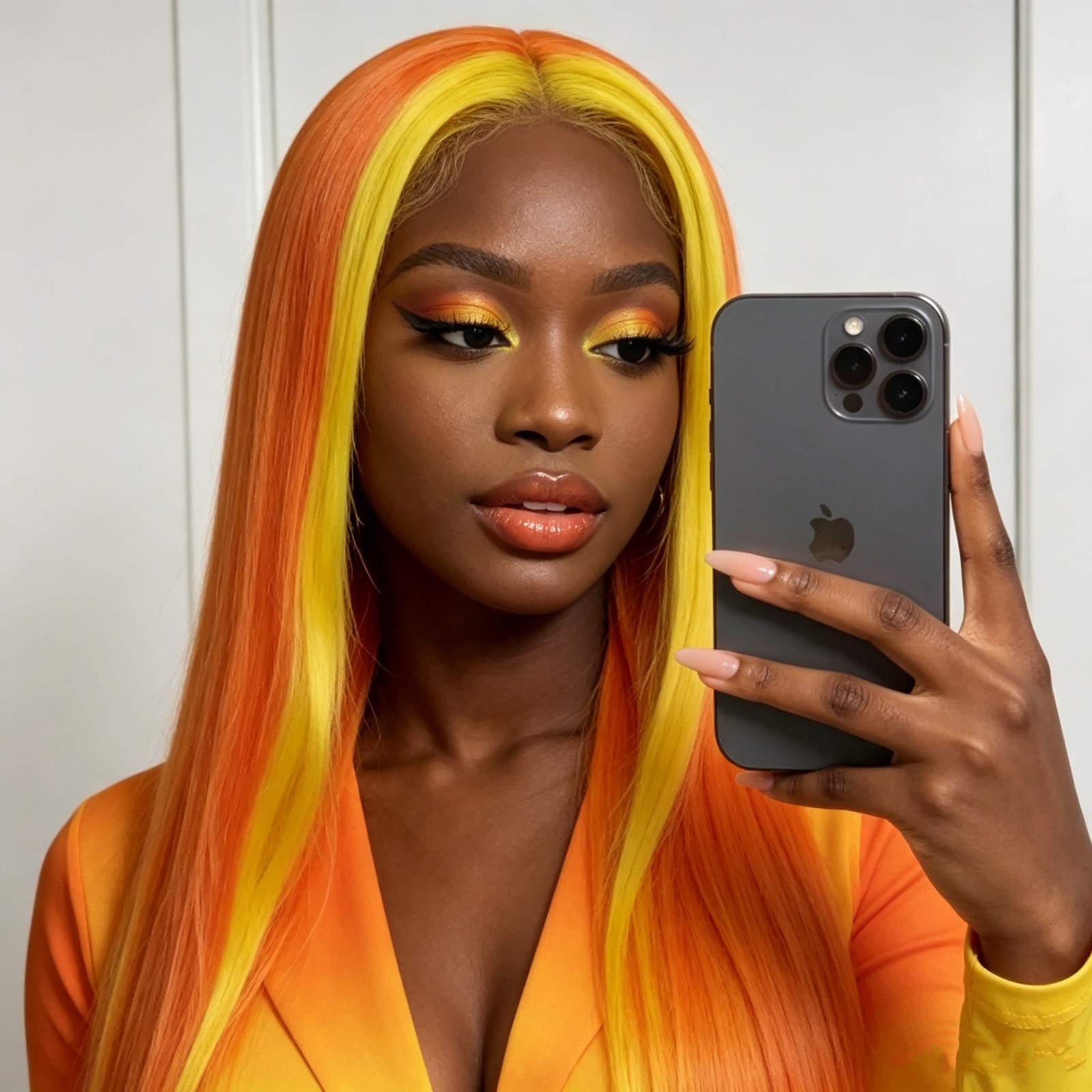 Orange Straight Wig With Yellow Streak Synthetic Hair Daily Party Fashion Wig