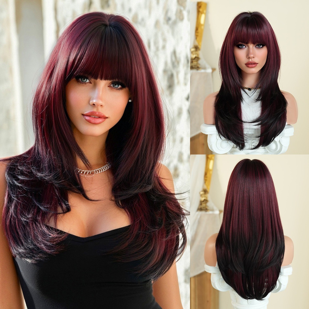 Silver-white gradually darkening black long straight hair high-level wig