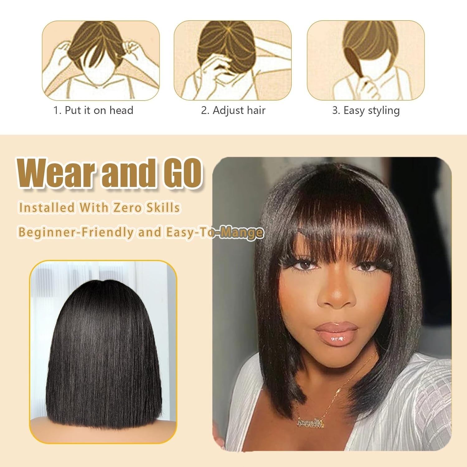Indian Bob Straight Human Hair Wigs With Bangs 2×1 Lace WigsGlueless for Women