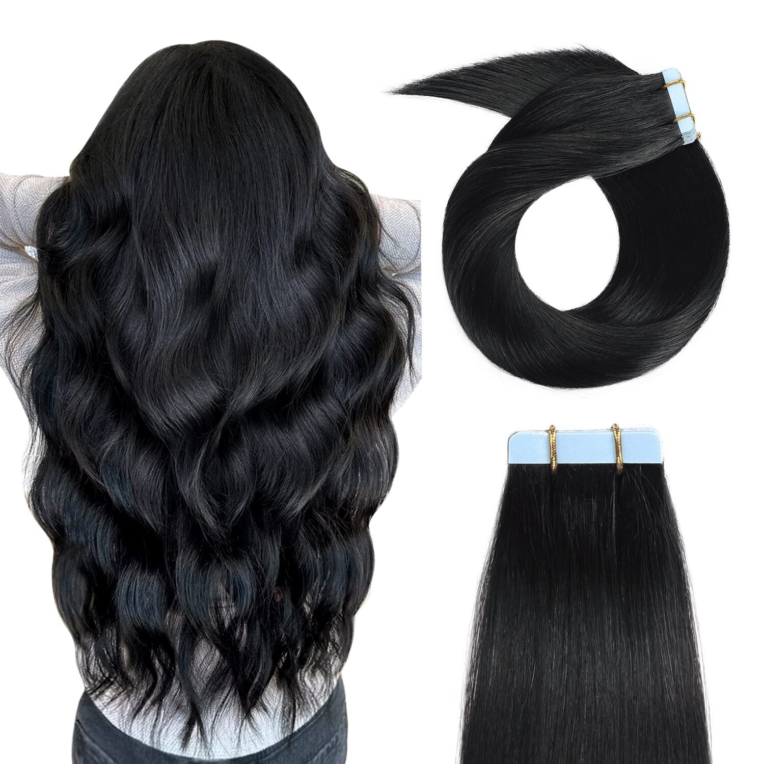 YILITE Tape in Hair Extensions Human Hair Jet Black #1 20 inches 20pcs 50g/pa…