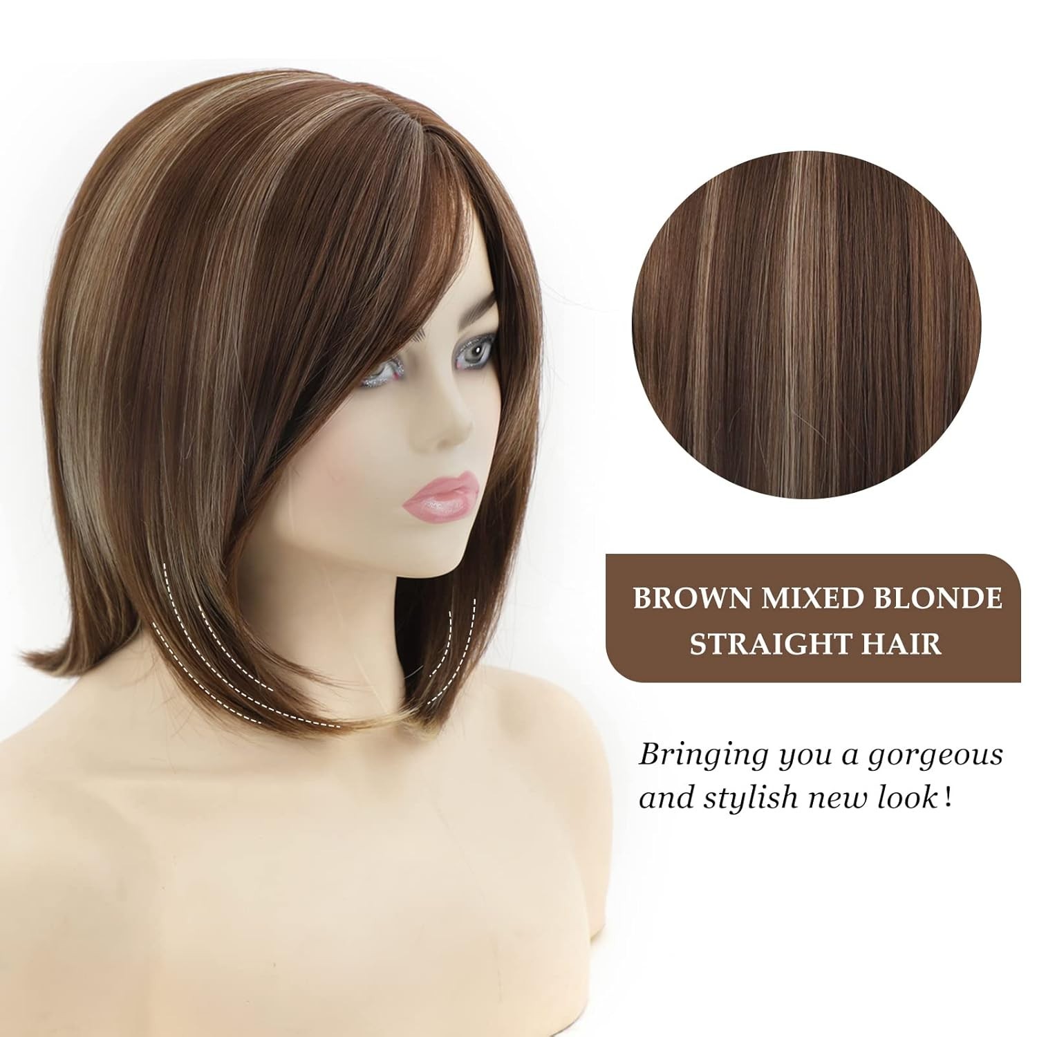 Bestung short sand brown wigs for women mixed blonde wig with bangs medium 12 In