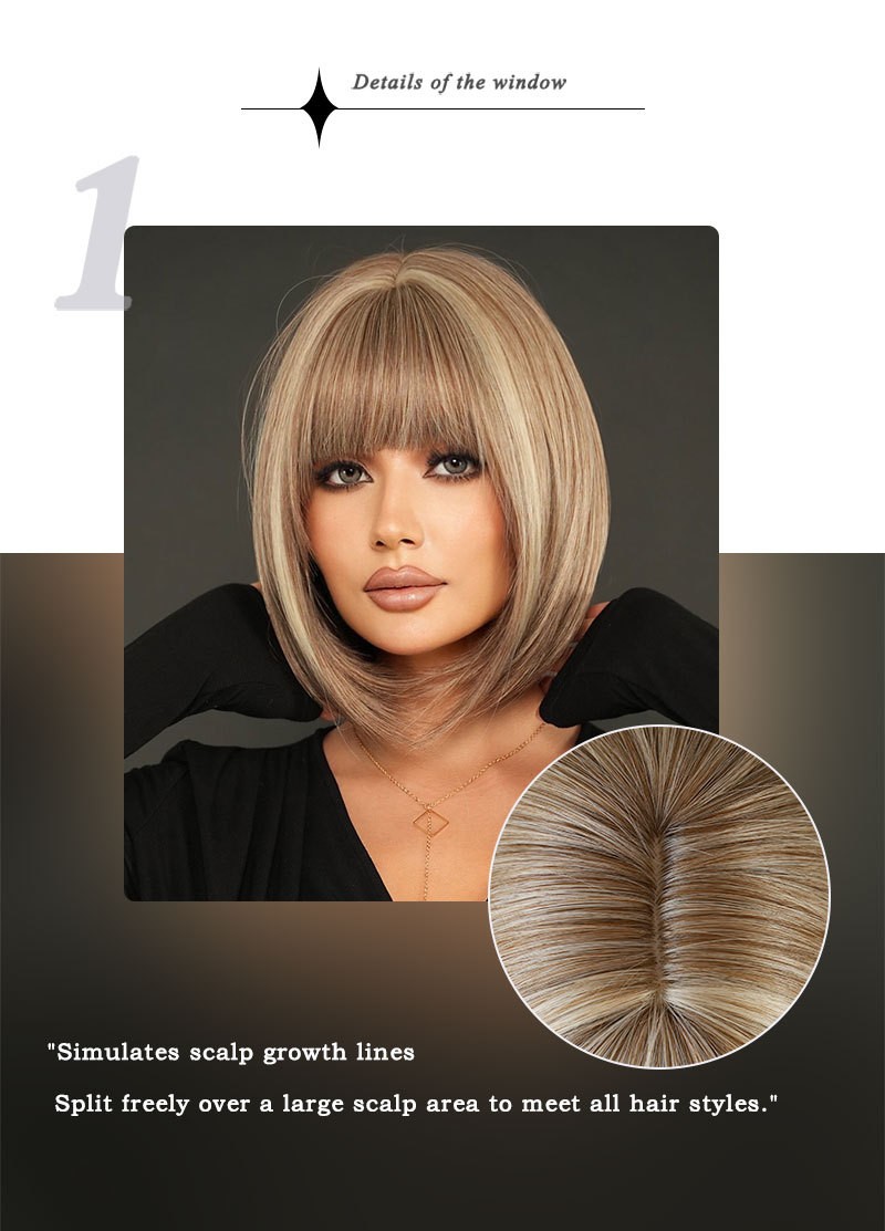 Short Bob Wig Brown Blonde mix Beige Highlight Full Head Fashion Sythenic Wigs