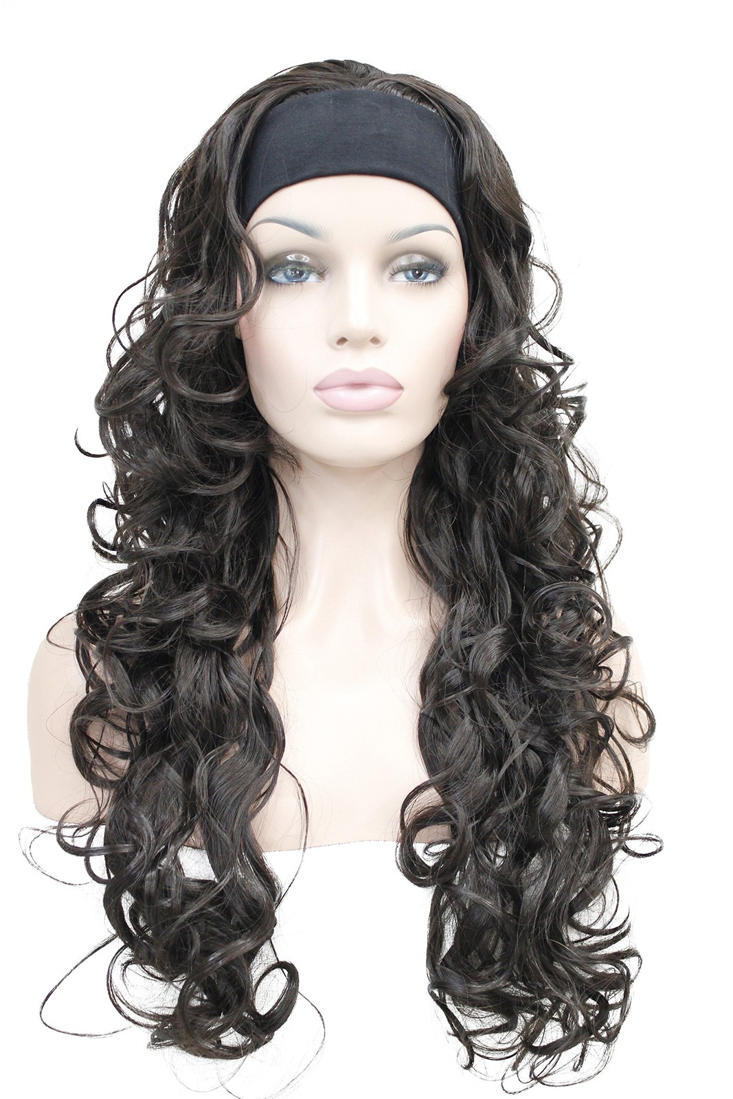 26 inch Long Curly Dark Brown Hair Premium Synthetic Women’s Wig 3/4 Half Wig…
