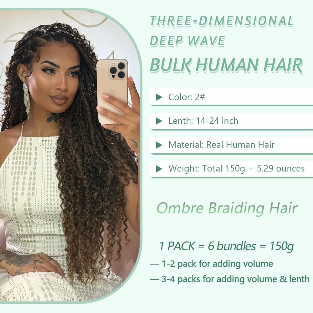 Dark Brown Braiding Hair Deep Wave Bulk Human Hair Boho Braids 150g 6 Bundles/Pa