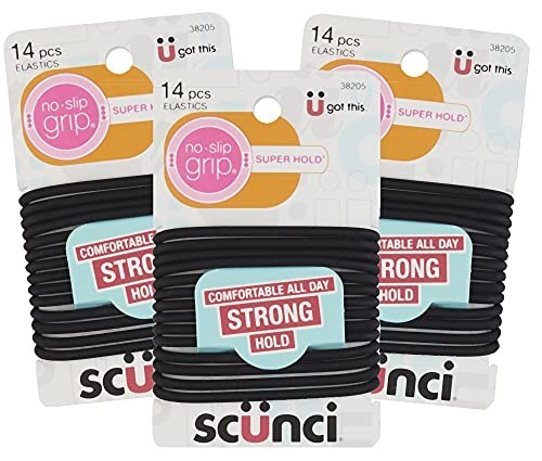 Black Gel Hair Elastics, No-Slip Grip, Strong Hold Ponytail Holders – 14 Pcs x 3