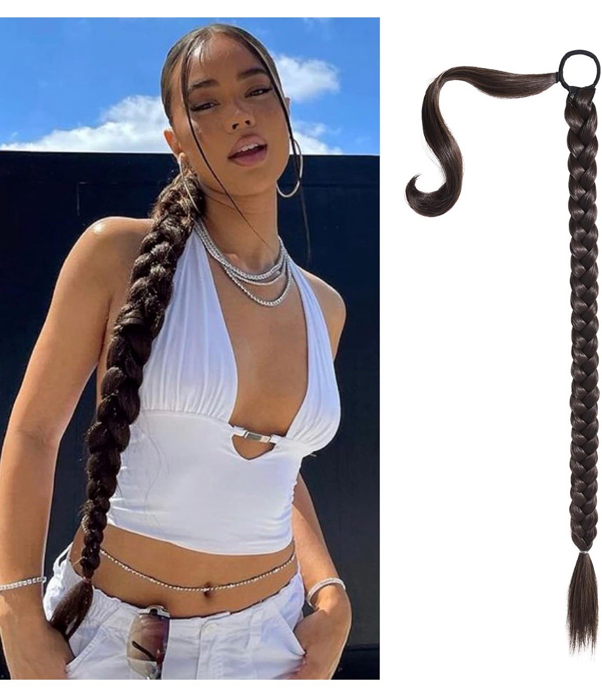 SEIKEA 23″ Long Braided Ponytail Extension black brown hair tie straight wrap