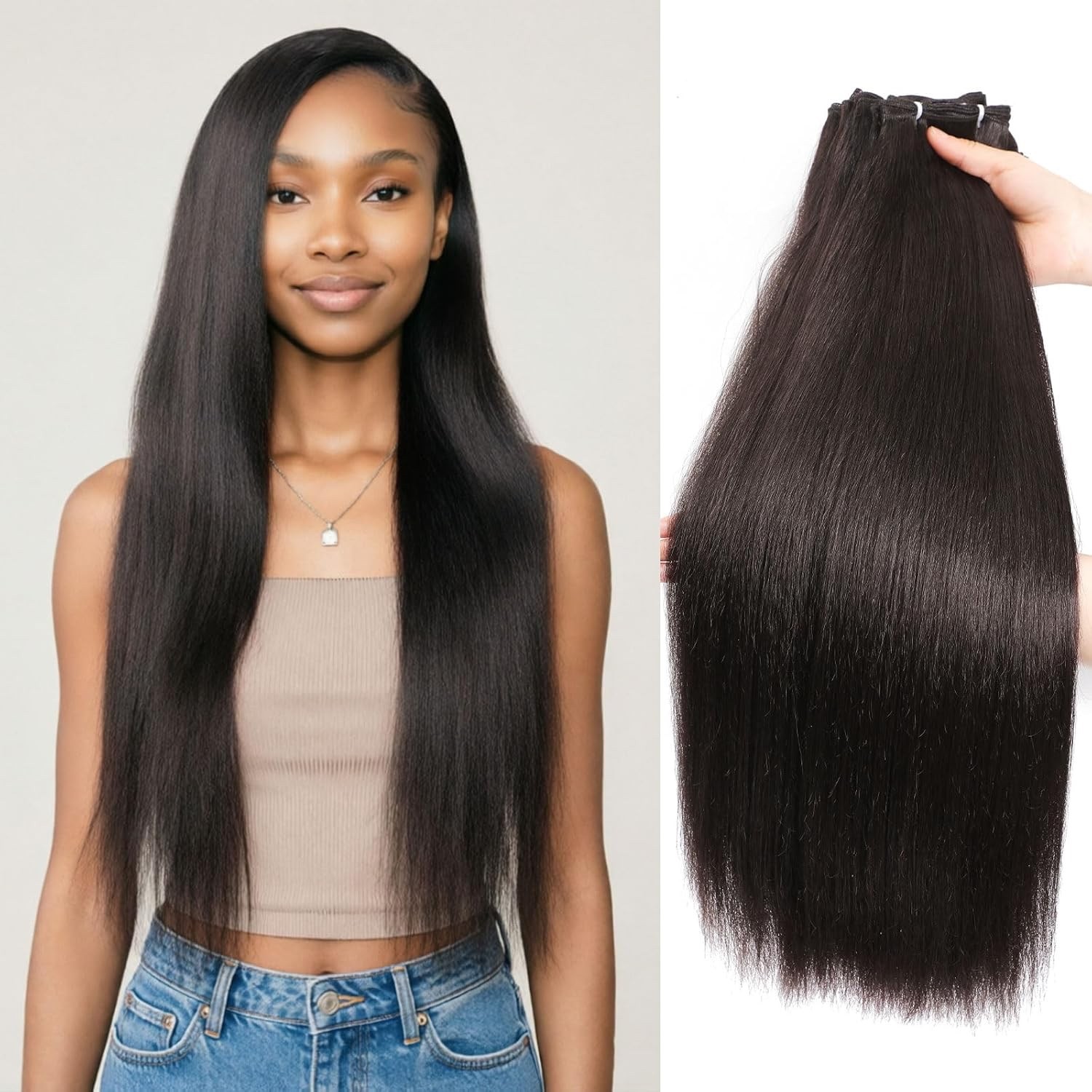 6 Bundles Yaki straight bundles hair,Human Blend Synthetic Hair (18 20 22 Inch)