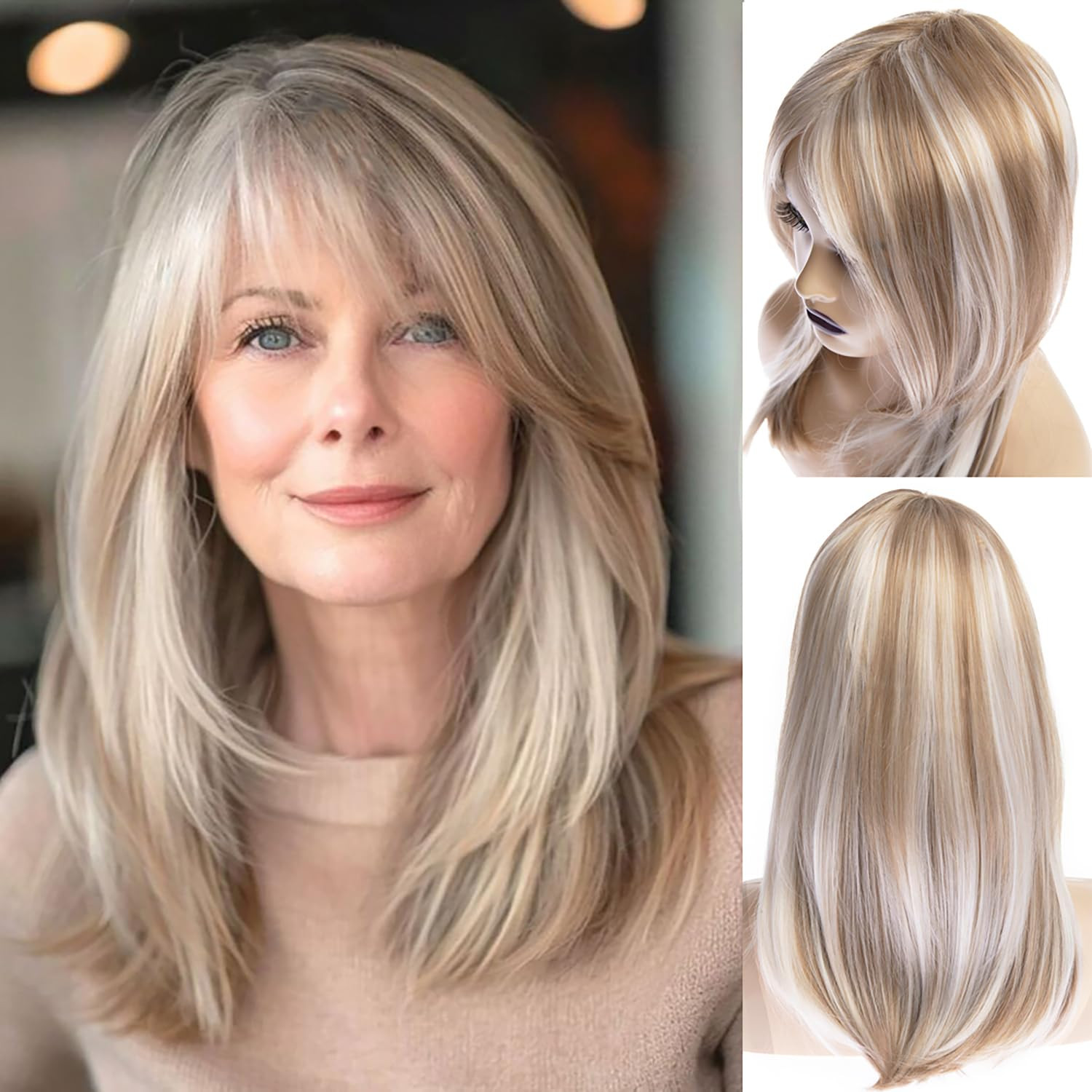 Long Blonde Wigs for Women Natural Straight Blonde Wig with Bangs,Synthetic Hair