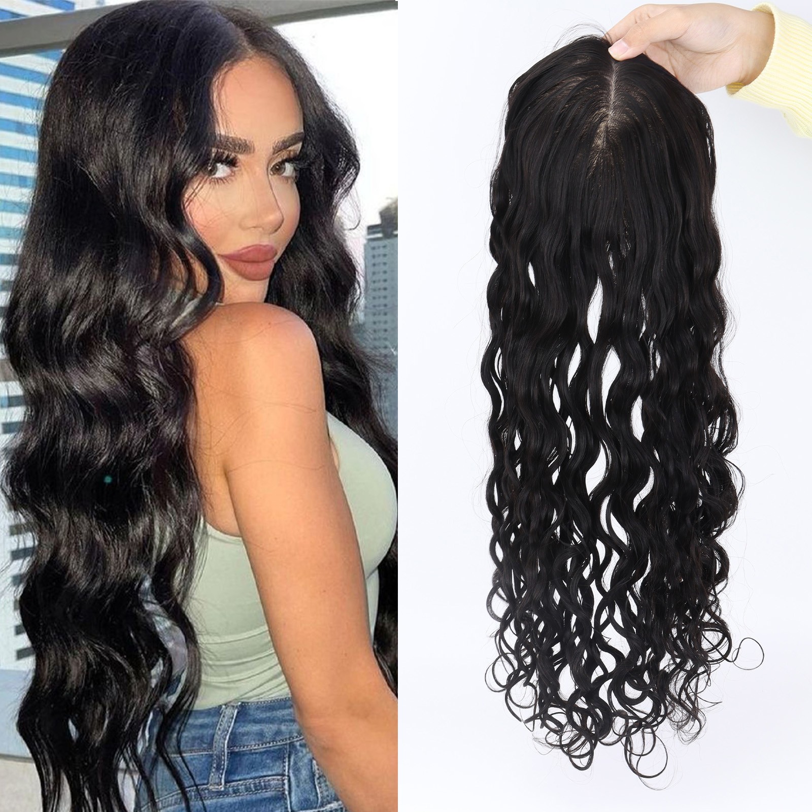 150% Desnity Wavy #1b Black Silk Base Topper 15x16cm Real Human Hair For Woman
