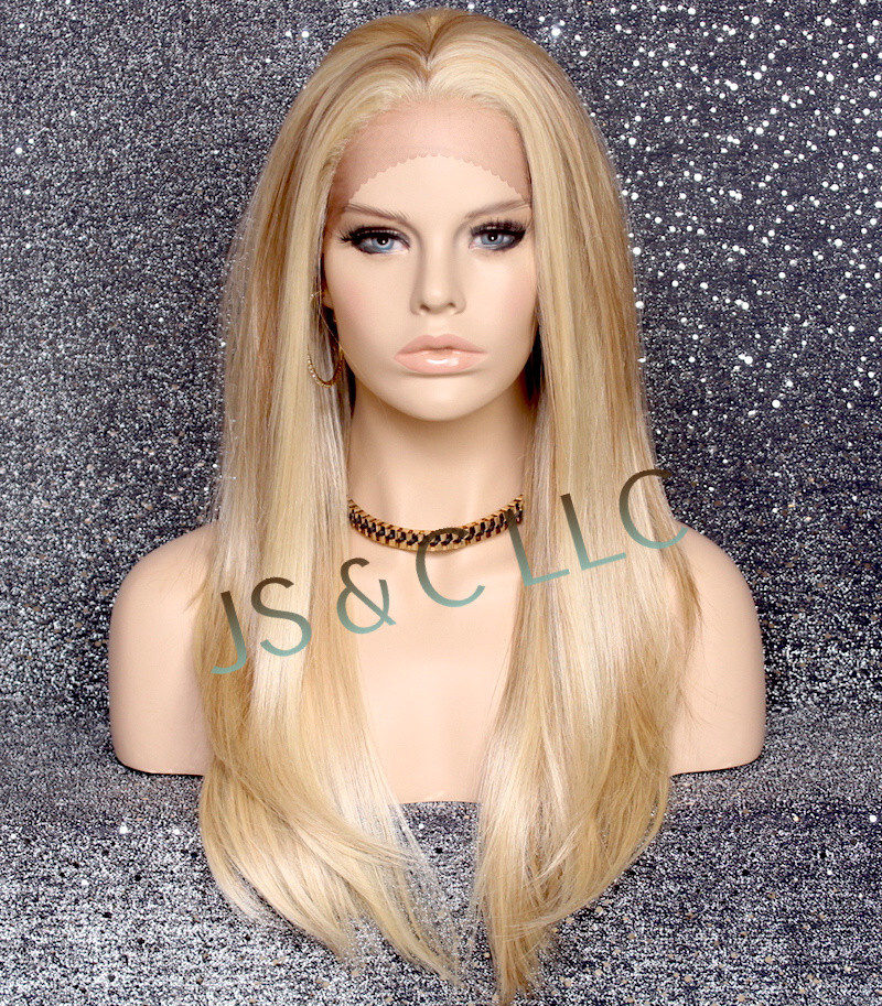 Long Straight Human Hair Blend Mono Top Lace Front Wig Blonde mix 613-27 WBDL