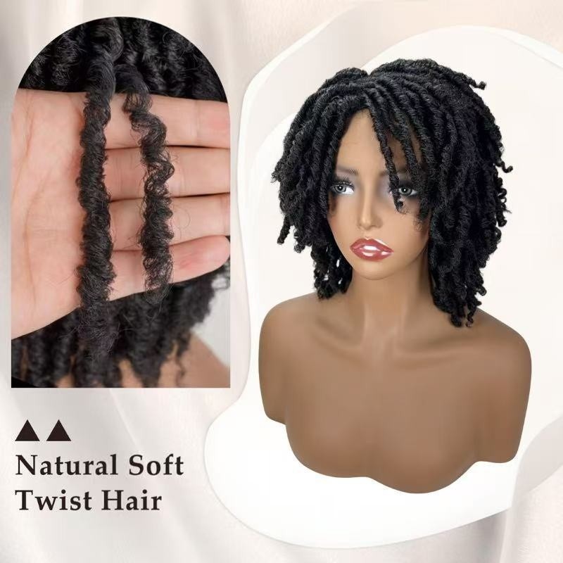 Short Dreadlock Wig 12 Inch Synthetic Fiber Curly Braided Wig Rose Net Cap 1B#