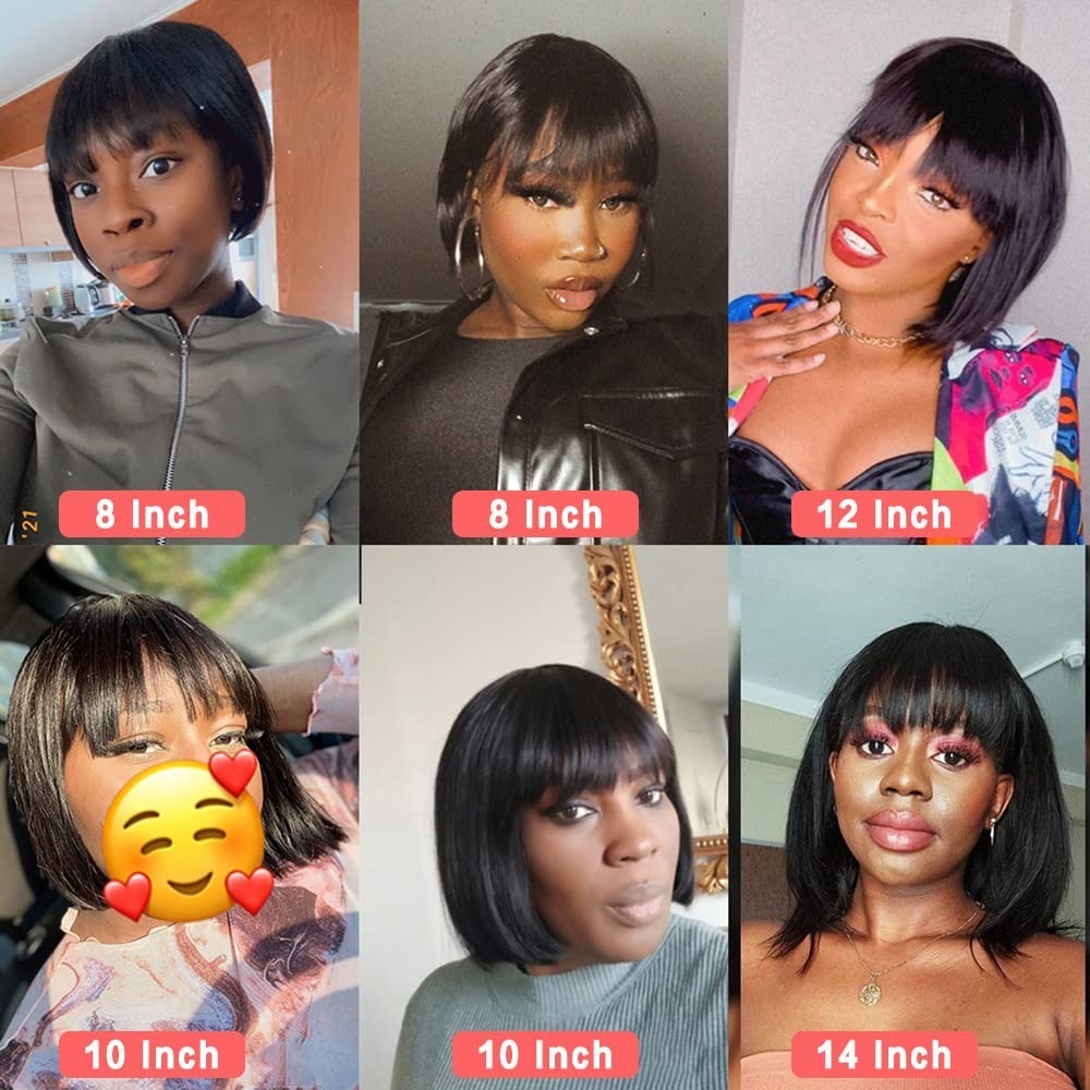 Short Bob Human Hair Wigs with Bangs No Lace Front Wigs Brazilian Straight Hair