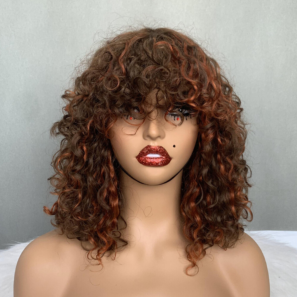 Human Remy Hair Wigs Water Wave Short Curyl Fringe Bob Machine Made Wig