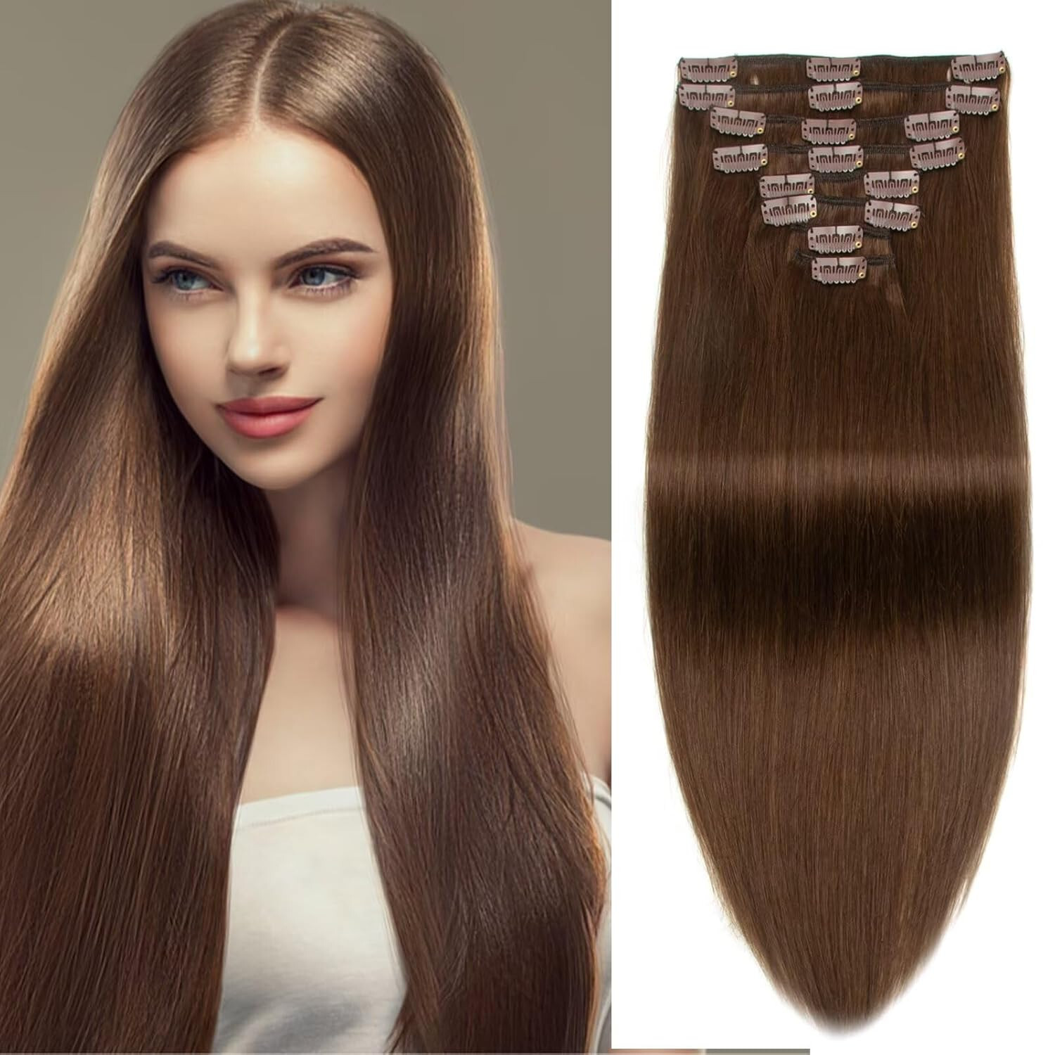 Clip in Hair Extensions Real Human Hair Durable Clip-on Sewn Wefts Hair 8pieces