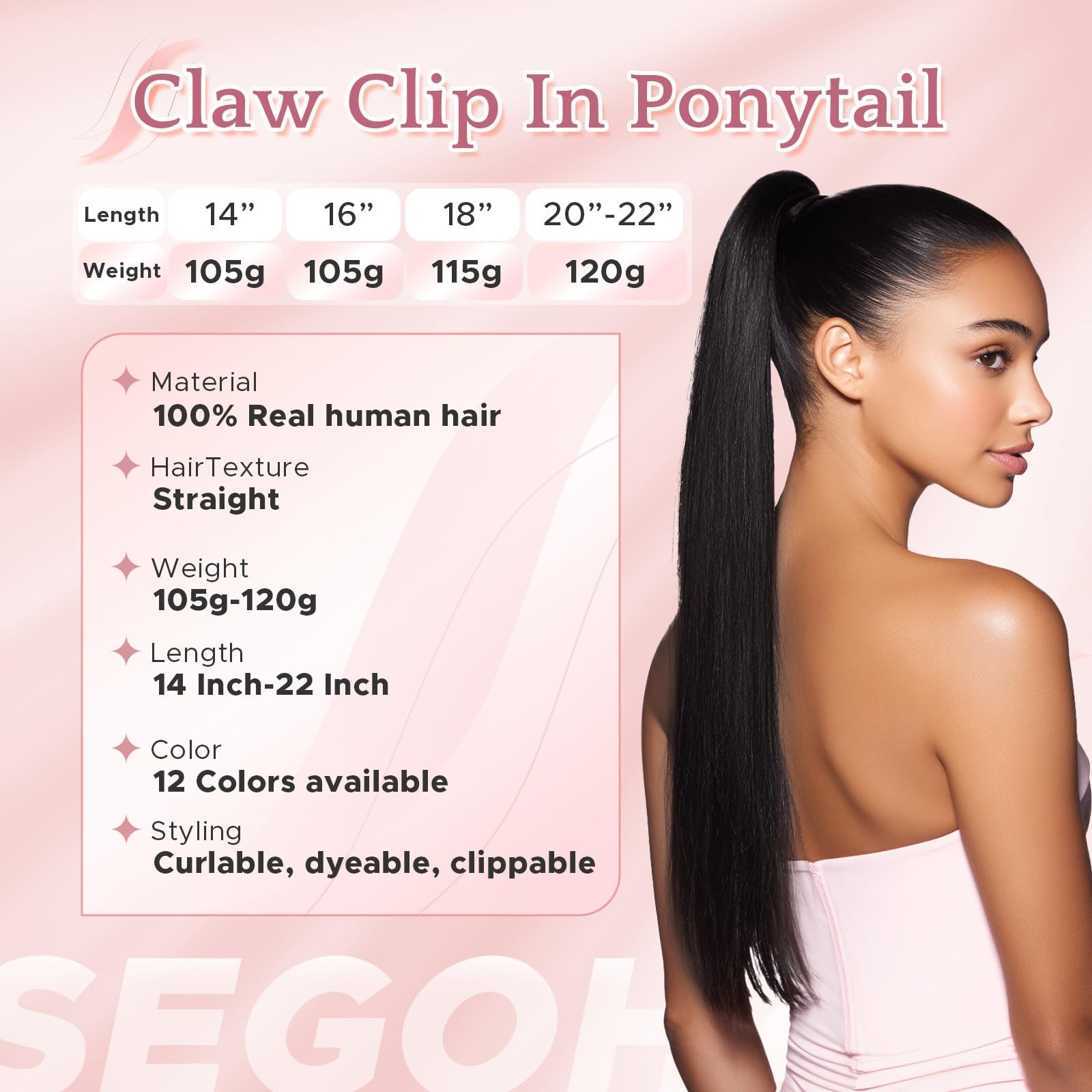 Segohair Human Hair Claw Clip Ponytail Extension 100 Real Human Hair Clip-In