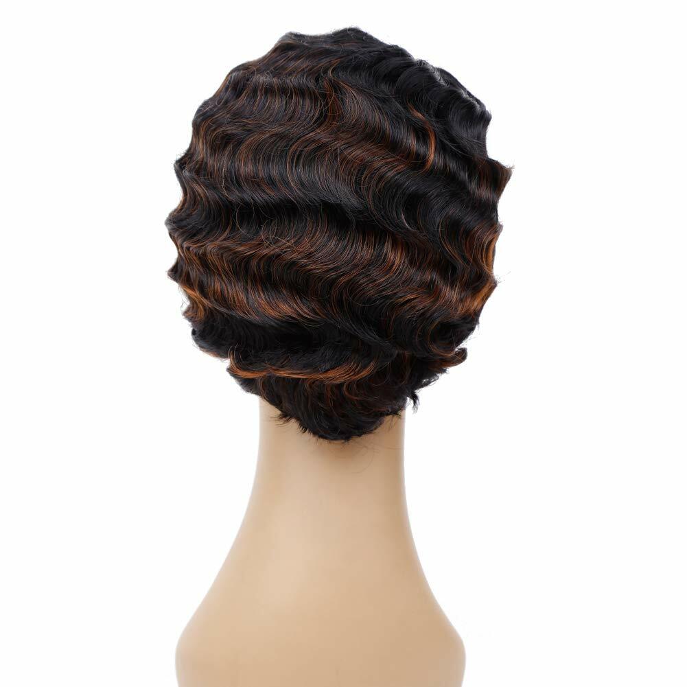 Short Wig Black Brown Curly Wig Finger Wave 100% Human Hair Full Wig Fashion Wig