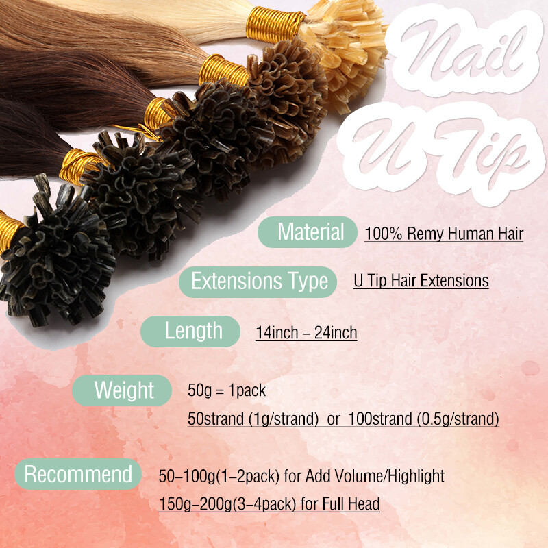 Glue Nail U Tip Real Remy Human Hair Extensions Keratin Fusion Full Head 150G