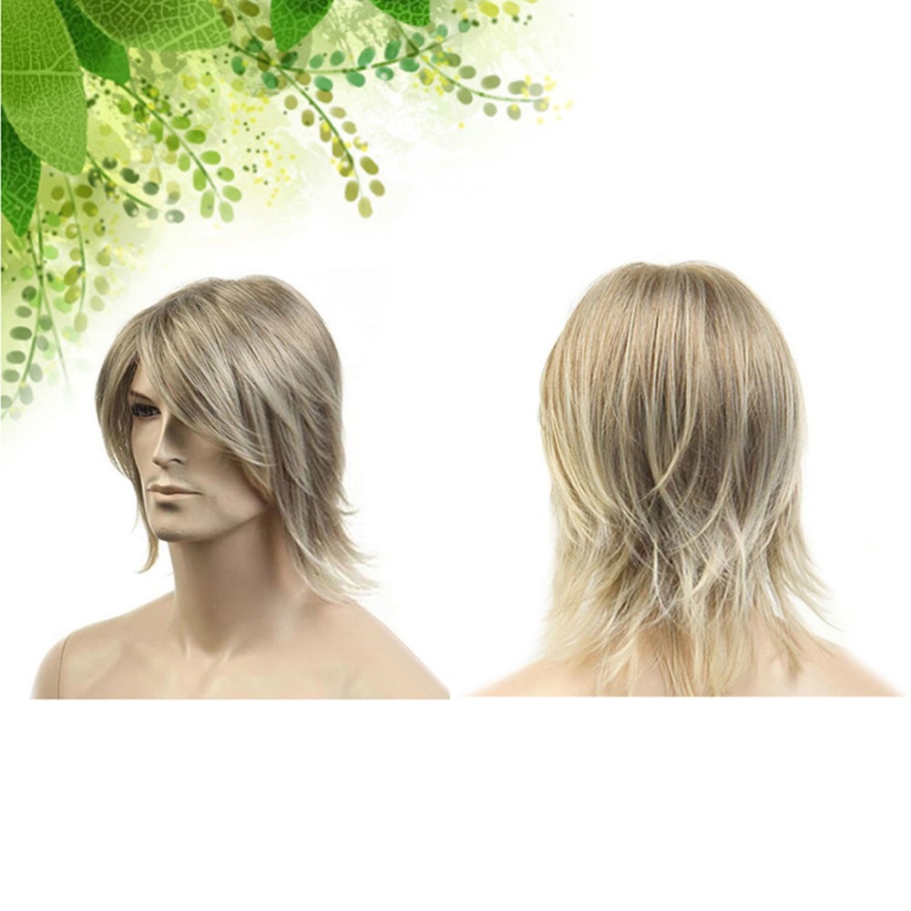 Mens Short Hair Net Synthetic Wig Side Fringe Wig Set High Temperature Fiber