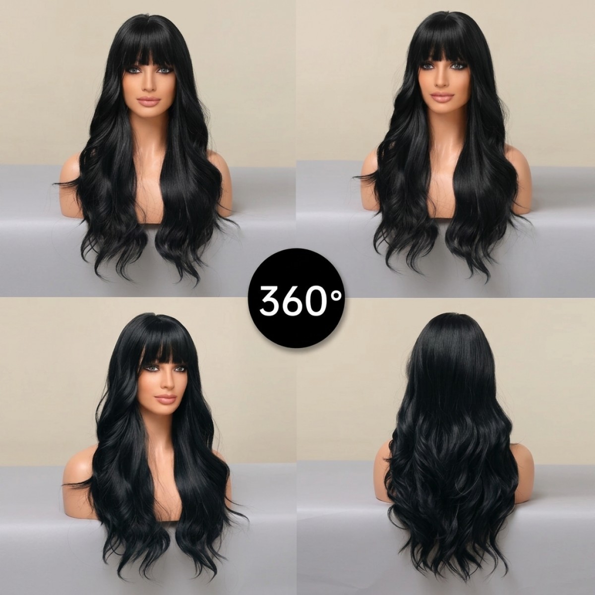 Heat Resistant Synthetic Hair Women Dress Up Wig With Fringe Long Wavy Black