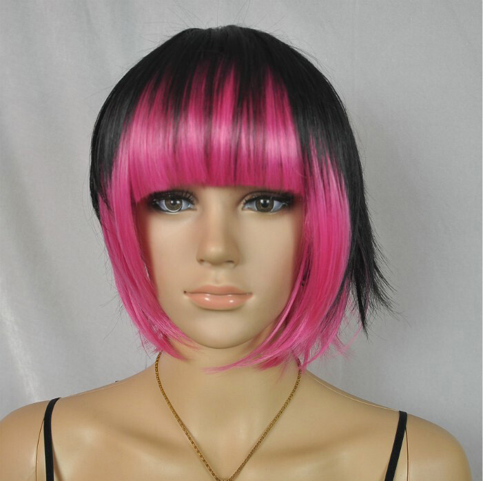 Hot Sell Fashion Black Mix Pink Bob Bangs Short Women Lady Hair Wig Wigs+Wig Cap