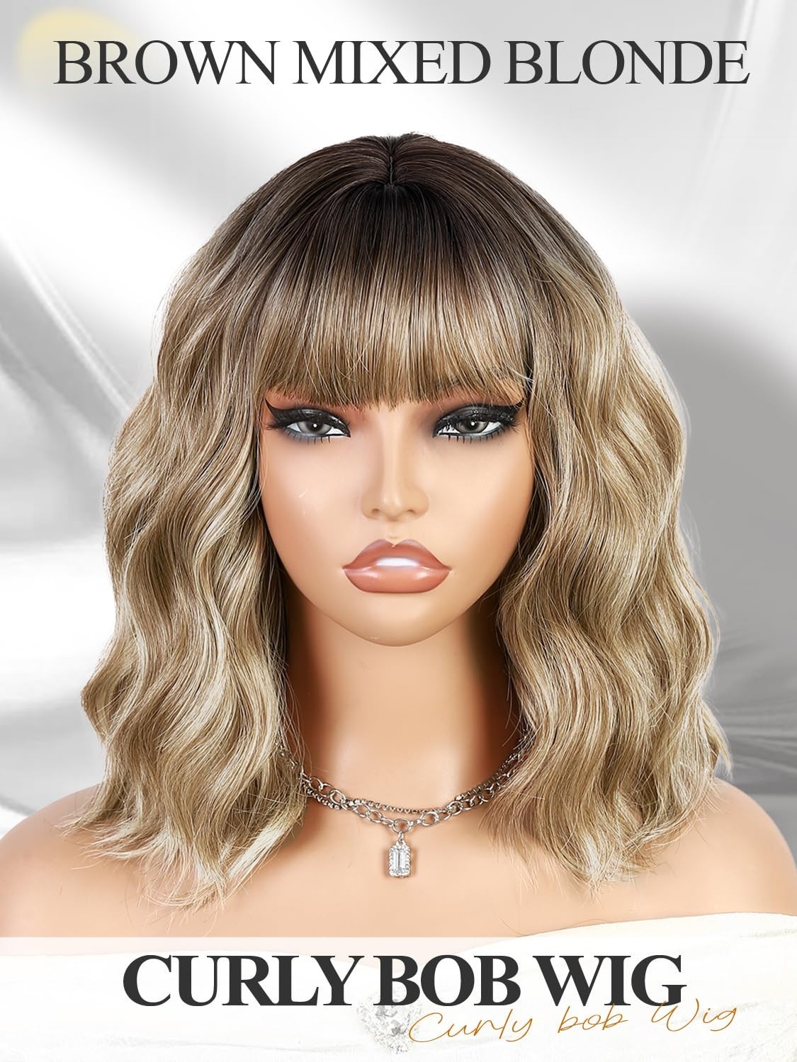 14″ Mixed Blonde Wavy Bob Wig for Women Daily Wear 159E553601