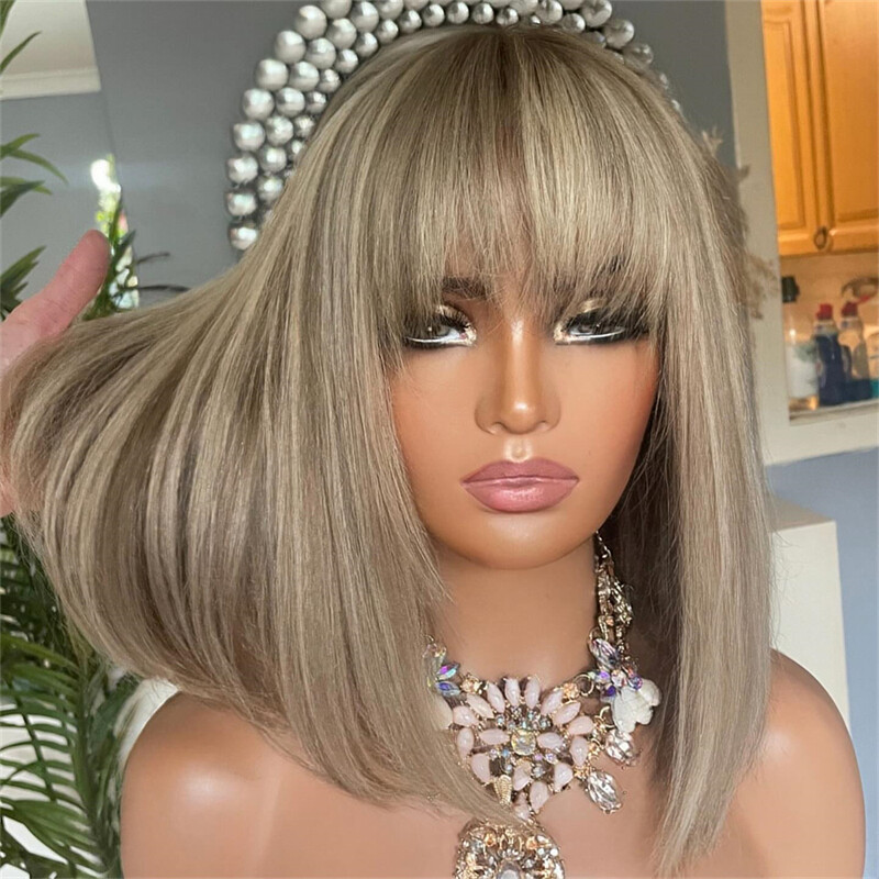 100% Human Hair Wig Lace Front Wigs 13×4 with Bangs Ash Blonde Highlight Bob Wig