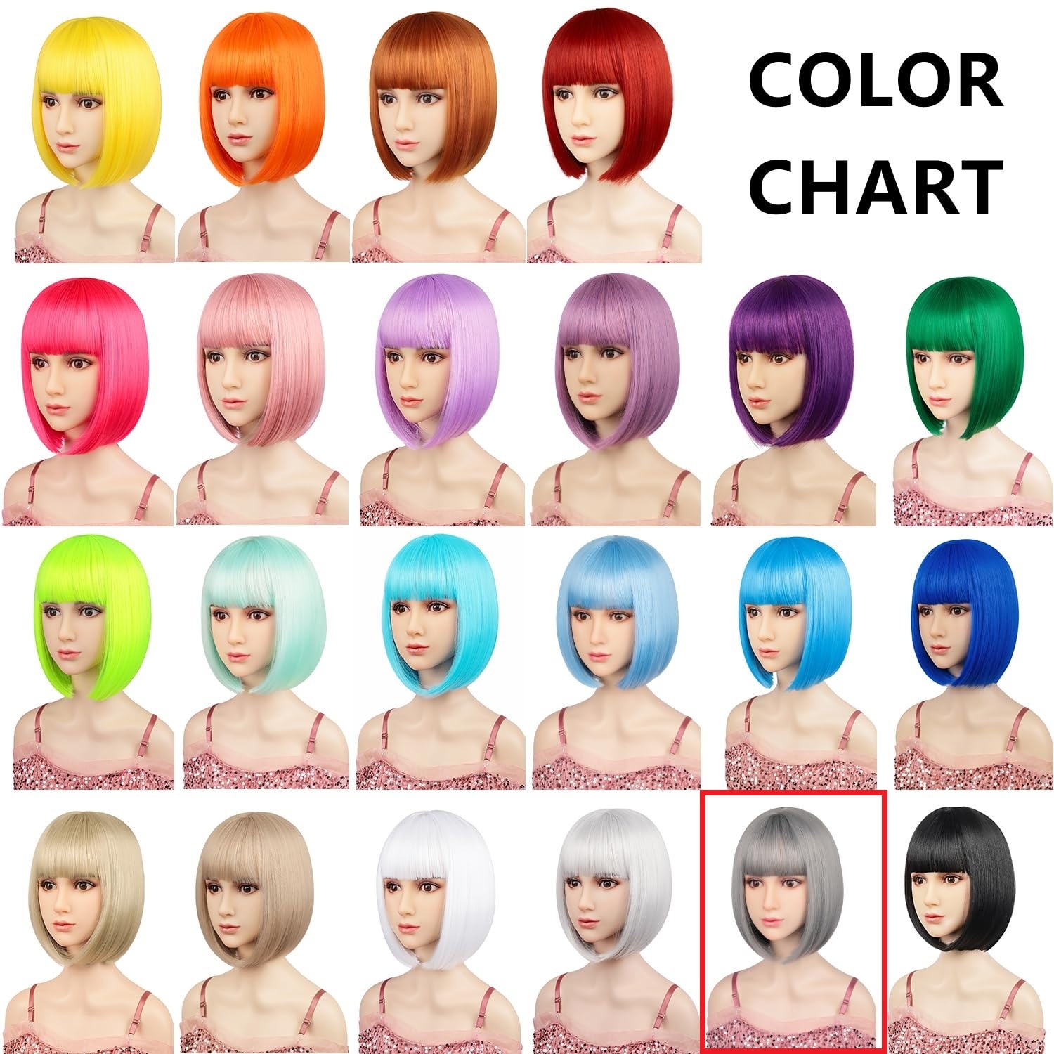 SW07 Gray Bob Wig Short 12″ women soft bangs easy to wear Colorful synthetic