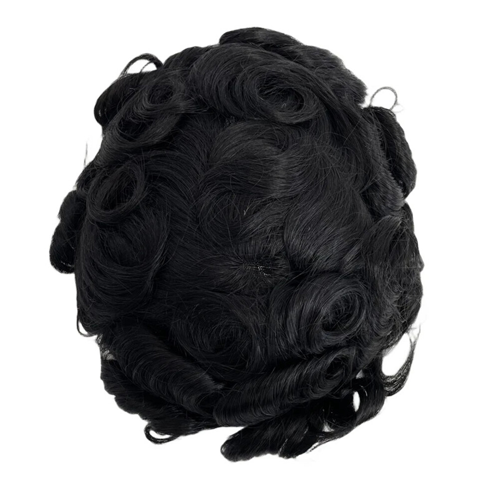 N.L.W Toupee for mens 25mm curl lace with pu behind hair pieces natural black
