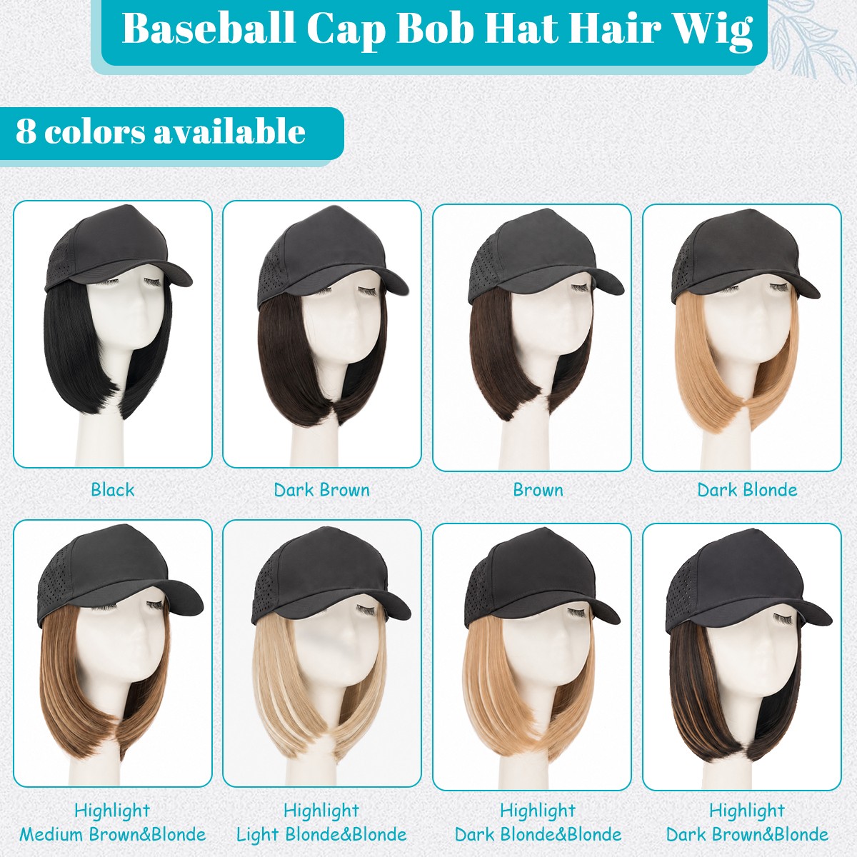 Cap Hat Bob Wig with 6″ Synthetic Straight Hair Adjustable Cap Baseball Hat Wig