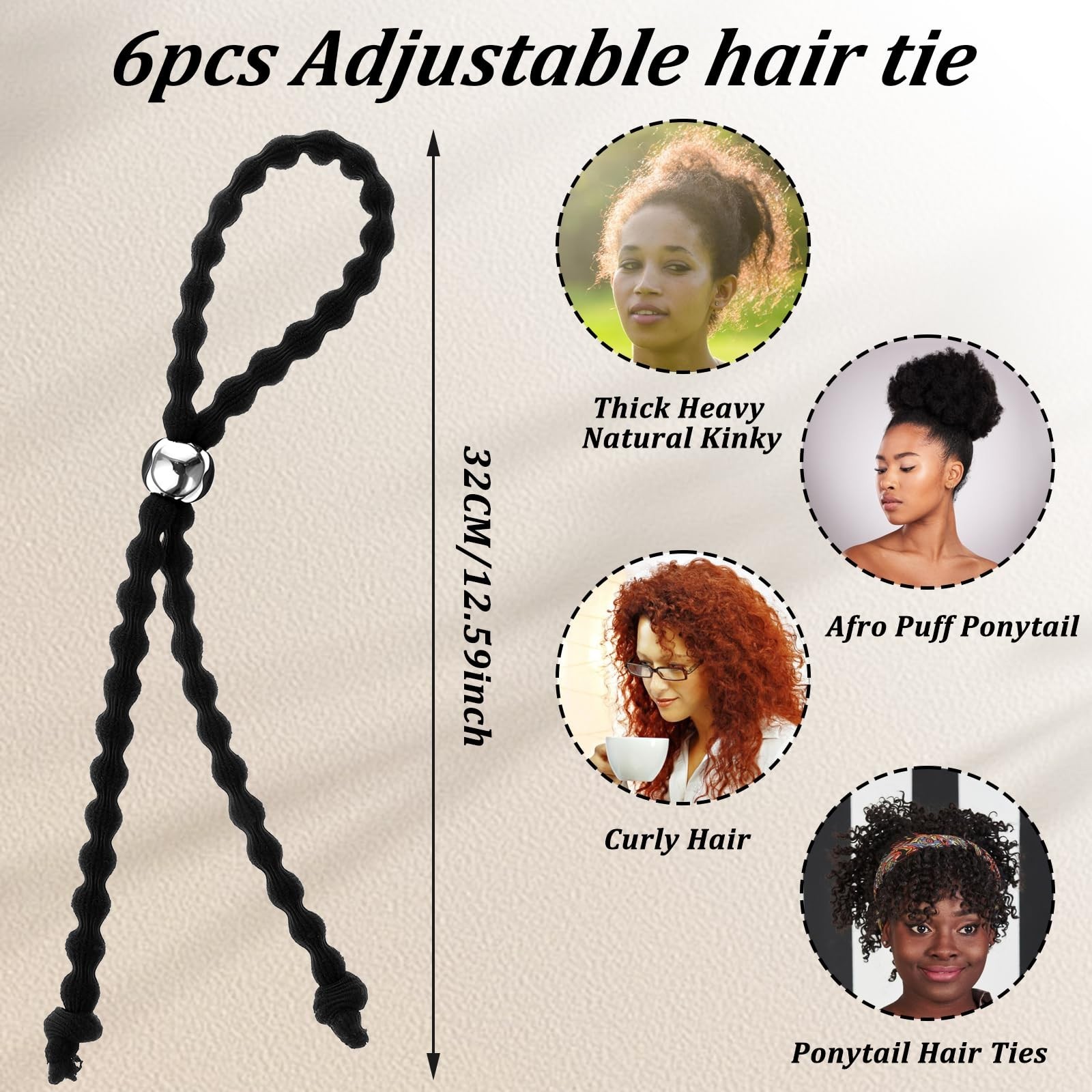 6 Pcs Adjustable Length Hair Ties for Thick Hair Afro Puff Black Women Girls,…