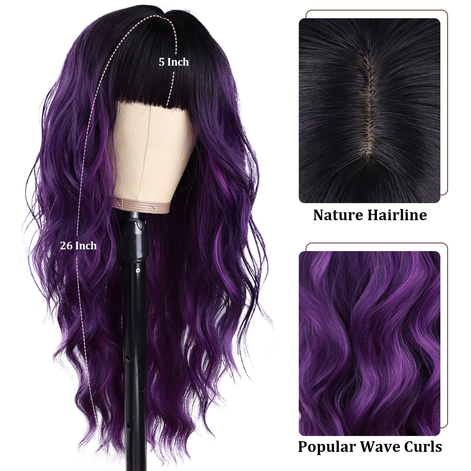 Purple Wig With Bangs Black and Purple Wigs for Women Long Curly Wavy Wig wit…